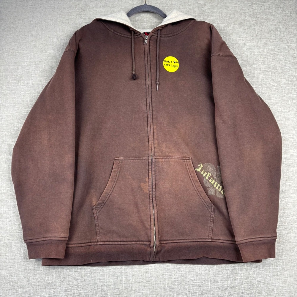 Infamous Mens Brown Sherpa Lined Full Zip Hoodie Y2K Gothic Fleur De Lis Large